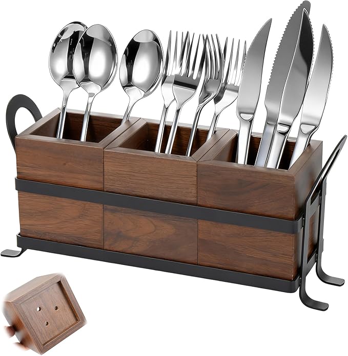 Wooden Utensil Holder with Drain Holes - 3 Compartments Farmhouse Kitchen Utensil Caddy Silverware Holder, Black Metal Tray Flatware Organizer for Spoons Forks Knives (New Improved Version)