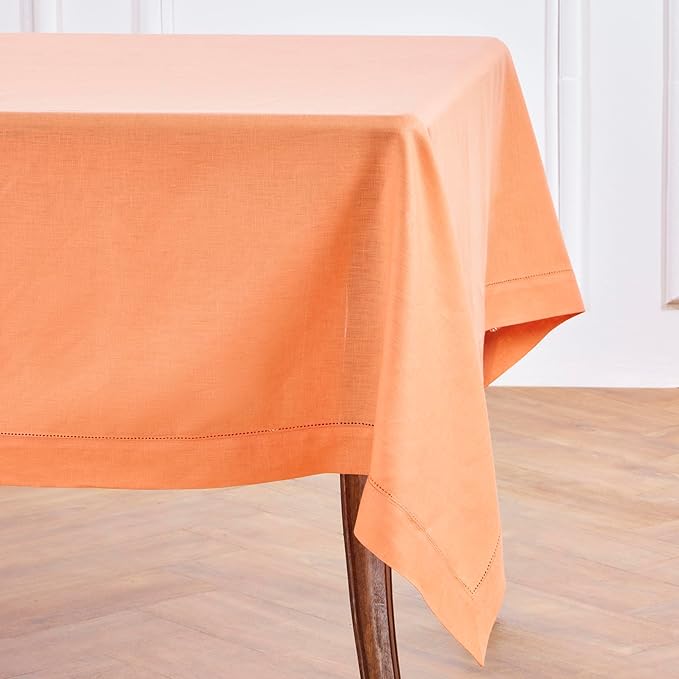 Solino Home Linen Tablecloth 60 x 132 Inch - Classic Hemstitch 100% Pure Linen Coral Table Cloth for Rectangle Tables - Machine Washable Tablecloth for Valentines, Spring, Easter