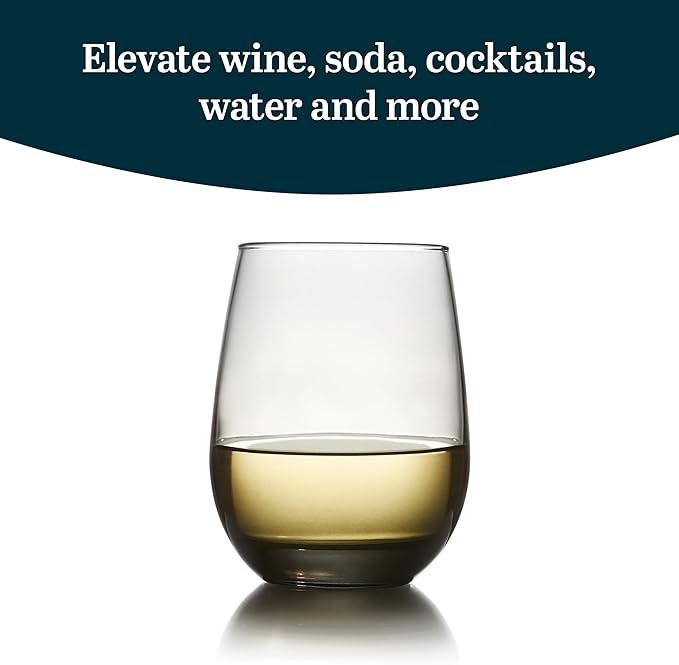 Libbey 231SM Stemless Wine Glasses Set of 12, Moonstone Grey, Restaurant Quality Red and White Wine Glasses, Drinking Glasses Set for Large Gatherings