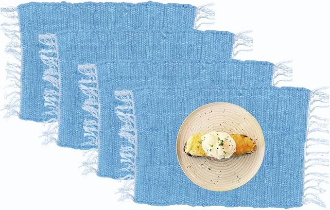 Perilla Home Placemat Set of 4 - Cotton Linen Blend Square Placemats - Farmhouse Rustic Woven Bohemian Machine Washable Table Mats with Tassels for Dining Table Decor (Sky Blue)