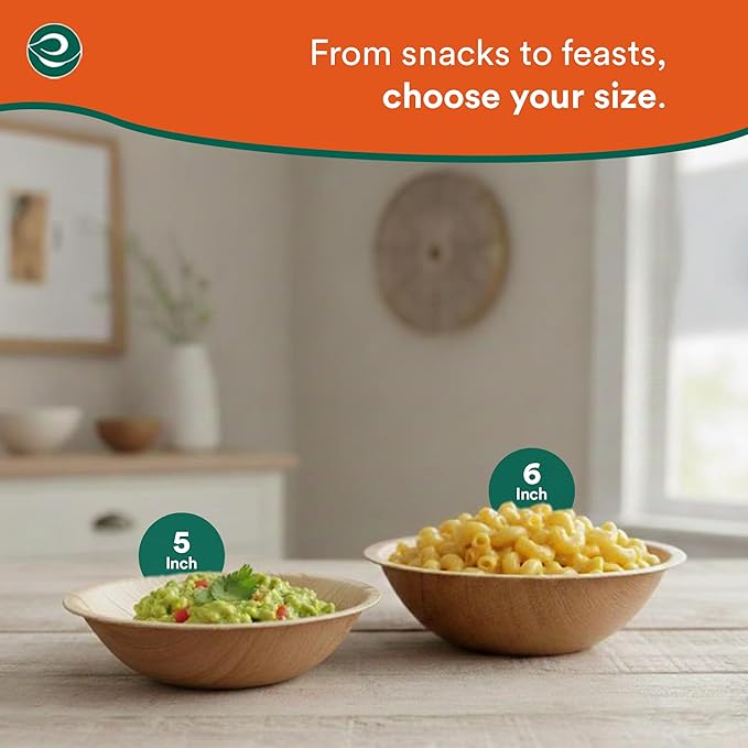 ECO SOUL Palm Leaf Bowl 400 pc, Small 5" (8 Oz) | Round Like Bamboo Bowls, Compostable, Biodegradable, Disposable Palm Leaf Bowls Eco-friendly | Sturdy, Microwave & Oven Safe