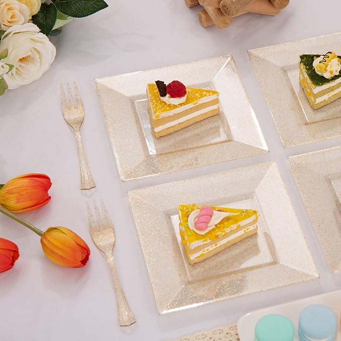 DaYammi 200Pcs Gold Dessert Plates Including 100Pcs Appetizer Plates 6",100Pcs Plastic Forks 5.7",Gold Glitter Plastic Square Plate for Party,Gold Salad Plate and Cake Forks for Party Wedding
