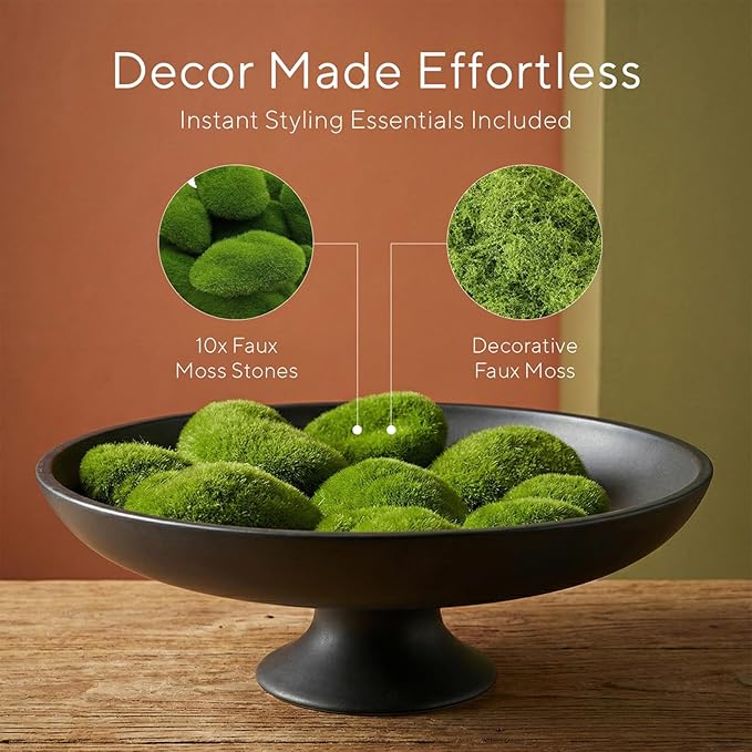 Large Black Decorative Bowl, Modern Pedestal Bowl for Home Decor, Decorative Fruit Bowl for Kitchen Counter, Stylish Key Bowls for Entry Table, 11.45”, Includes 10PCS Artificial Moss Rocks
