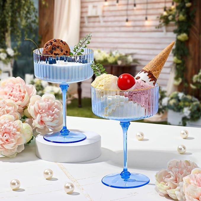 XUWAIDSGN 12 Pcs Champagne Martini Glasses 9 Oz with Gilded Removable Gold Rim Coupe Glasses Pink Martini Glasses Plastic Mimosa Vintage Coupe Glasses Set For Wedding Anniversary (12, Clear Blue)