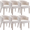 Mid-Century Dining Chairs Set of 6, Tufted Upholstered Linen Dining Room Chairs Comfy Side Chair Armchair Guest Chair with Wooden Legs for Dining Room Living Room, Beige