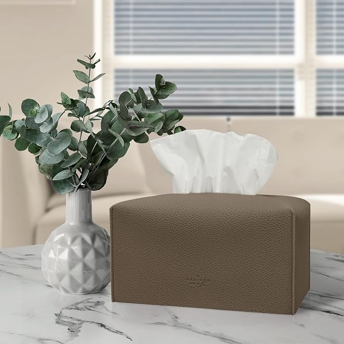 Carrotez Tissue Box Cover, [Refined] Modern PU Leather Rectangular Tissue Box Holder - Decorative Holder/Organizer for Bathroom Vanity Countertop, Night Stands, Office Desk 9.5"X5"X5" - Cocoa Brown