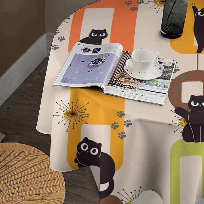 Bohemian Black Cat Round Tablecloth, Rustic Vintage Mid Century Geometric Tablecloth for Home Party Dining Room Kitchen Decor 70Inch(178cm)