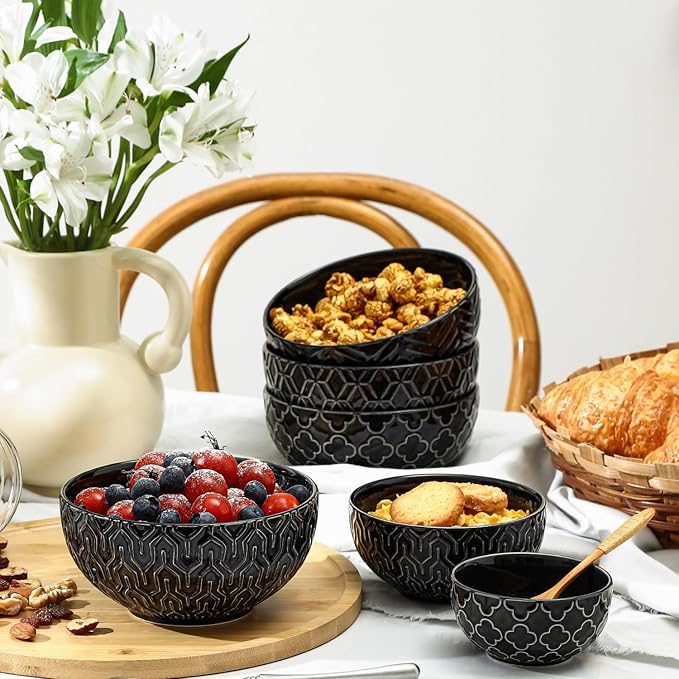 Sureasy Ceramic Cereal Bowls Set of 4, 5.9 Inch Deep Soup Bowls for Kitchen, 25 oz Embossed Stoneware Bowls for Pasta, Salad, Oatmeal, Noodle, Ramen, Microwave Dishwasher Safe, Set of 4, Black