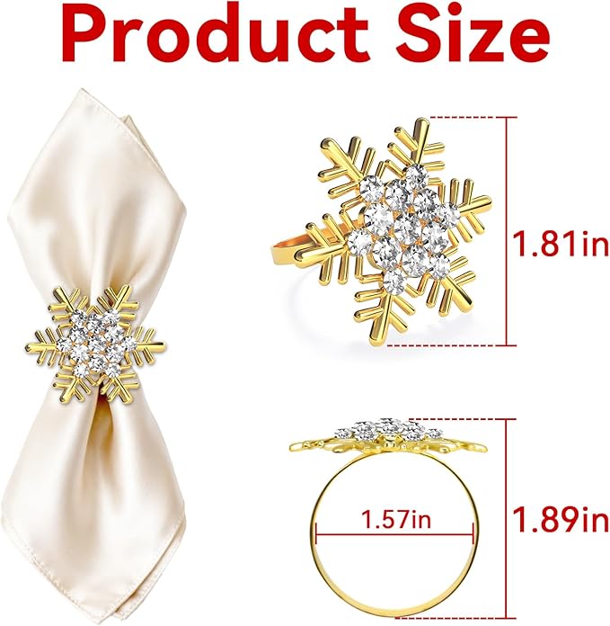 ZeeDix Christmas Gold Snowflake Napkin Rings Set of 8, Napkins Ring for Dinning Table - Rustic Dinner Tables Decoration for Wedding Receptions Christmas Thanksgiving Holiday Party Dinner Parties