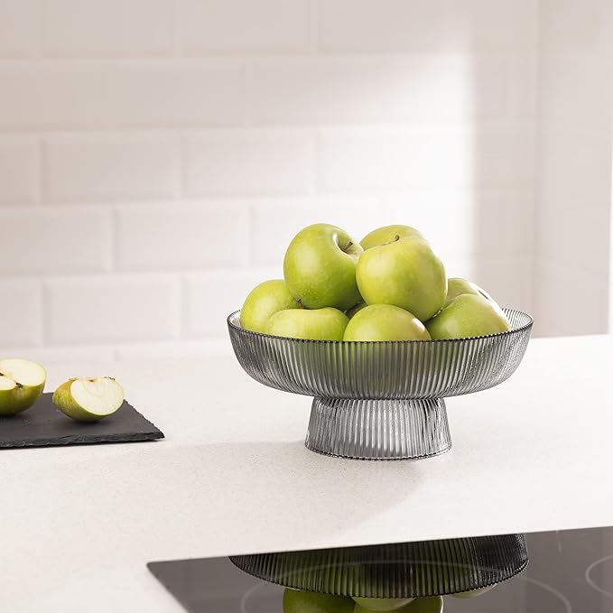 Navaris Glass Fruit Bowl - Decorative Fluted Colored Glass Bowl for Fruit Snacks Candy - 10.2" Diameter Table Centerpiece Dish - Black Tinted