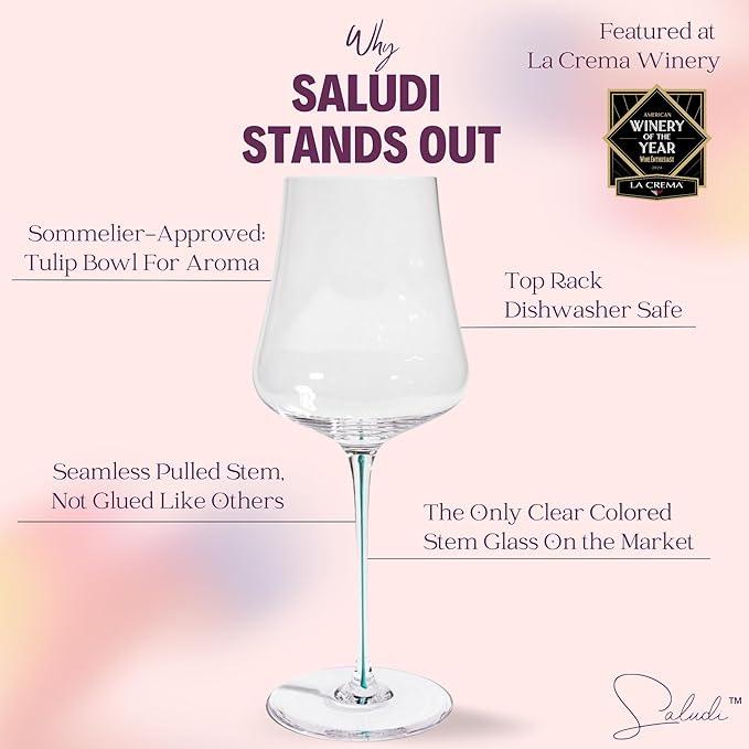 Saludi Tulip Colored Stem Wine Glasses - Set of 6 Hand Blown - Mixed Color Stems That Won’t Chip - Universal Tulip Bowl For Red And White Wine - Dishwasher Safe - Gift Ready