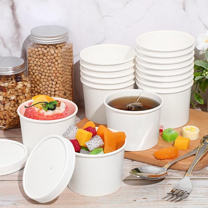 Fulmoon 100 Pack Paper Soup Containers with Lids Disposable Paper Food Containers with Vented Lid Kraft Ice Cream Cake Dessert Cups Soup Bowl for Party Hot Food Fruit Microwave(12 oz,White)