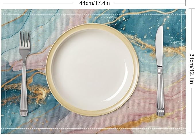 Marble Linen Placemats Set of 4, Modern Luxury Foil Texture Pink Blue Gold Marble Washable Cloth Place Mats, Non-Slip Dining Table Placemats for Home Kitchen Party Banquets Decor 12x17 Inch
