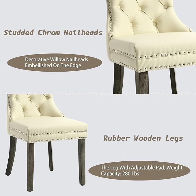 KCC Faux Leather Dining Chairs Set of 6, Upholstered High-end Tufted Dining Room Chair with Nailhead Back Ring Pull Trim Solid Wood Legs, Contemporary Nikki Collection Modern Style for Kitchen, Beige