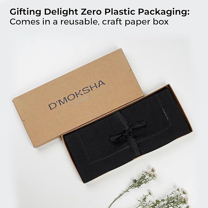 D'Moksha Homes Linen Black Table Runner 48 Inches - Classic Hemstitch, 100% Pure Linen Coffee Table Runner 14 x 48 Inch Ideal for Dresser Tables - Spring, Easter