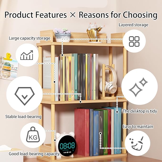 Desktop Organizer Shelf, Multi Tier Wood Tabletop Bookshelf, Space Saving Countertop Storage Rack for Office, Bedroom, Living Room(Light Walnut,19.6 * 7.8 * 14.5in)