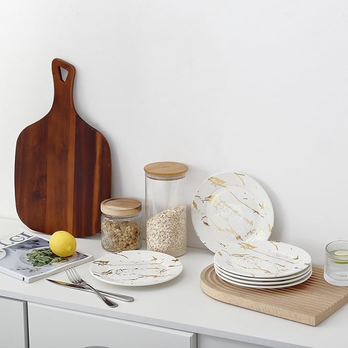 6-Piece Ceramic Plates Set - 8 Inch White Marble-Pattern Appetizer & Dessert Plates with Gold Rim, Microwave and Dishwasher Safe