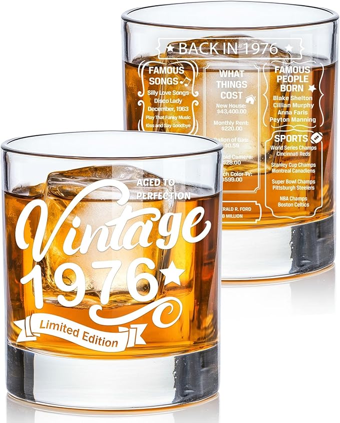 Old Fashioned Glasses-1976-Vintage 1976 old time information 10.25oz Whiskey Rocks Glass -50th Birthday Aged to Perfection - 50 years old gifts Bourbon Scotch Lowball Old Fashioned-1PACK
