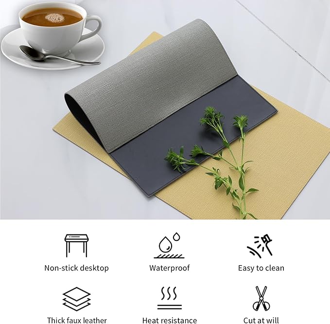 Faux Leather Placemats for Round Table, Waterproof Oil-Proof Wipeable Reversible Dining Table Place Mats Set of 6, Heat Resistant PU Table Mats for Dinner Party Table Decoration, Grey