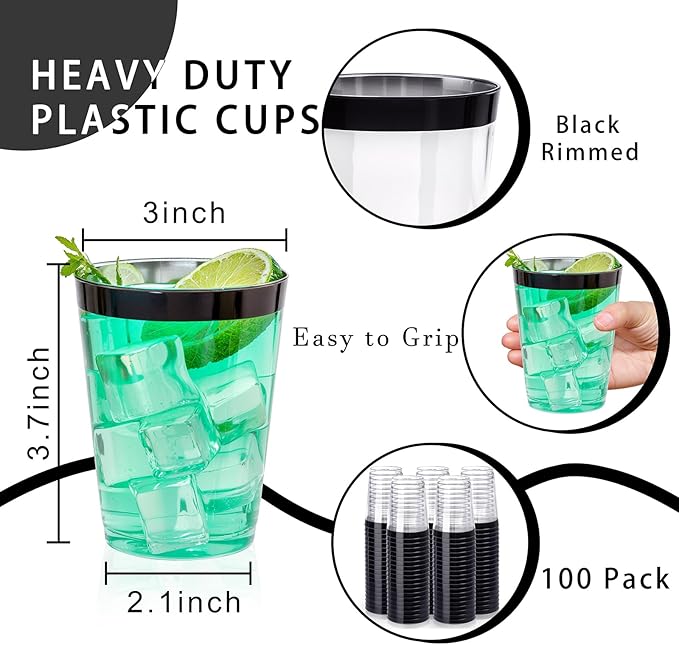 DaYammi 100 Pack Black Plastic Cups 10Oz Clear Disposable Cups with Black Rim, Clear Cocktail Cup Heavy Duty Disposable Wine Glasses Disposable Fancy Plastic Cups for Party Wedding