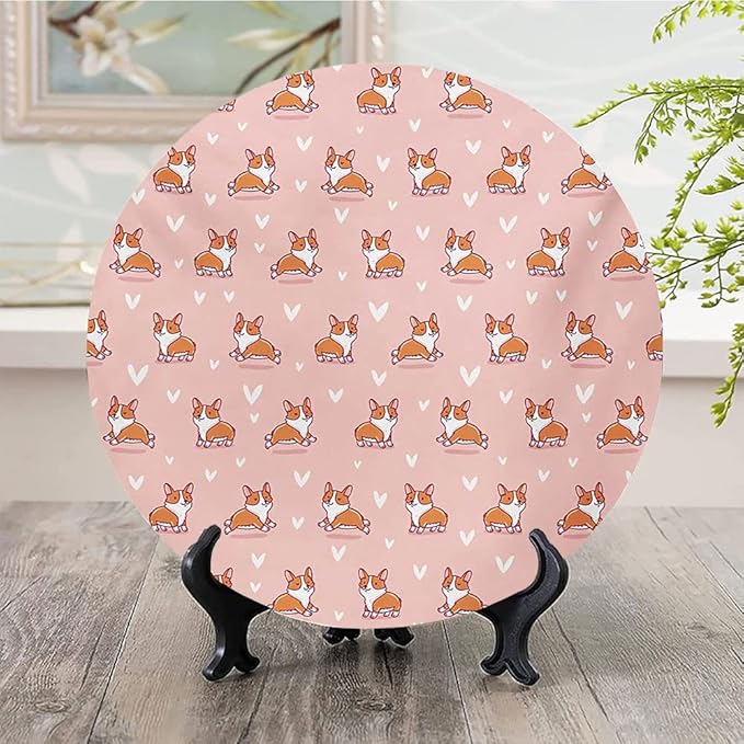 Decorative Plates, Dog Lover Print Ornament, Cute Little Corgi Jumping Running and Standing, 7 Inch, 1 Plate with 1 Display Stand, Coral Orange White