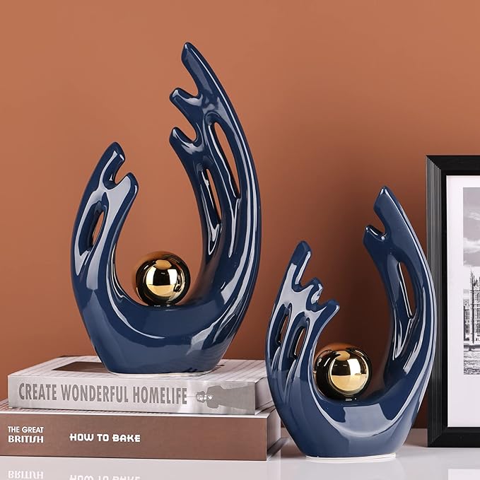 12" H Navy Blue Aesthetic Room Decor Accent, TV Stand Funky Table Centerpiece, Abstract Art Ceramic Statue and Sculpture, Blue Decor for Living Room, Bookshelf Decorative Objects, Shelf Decorative