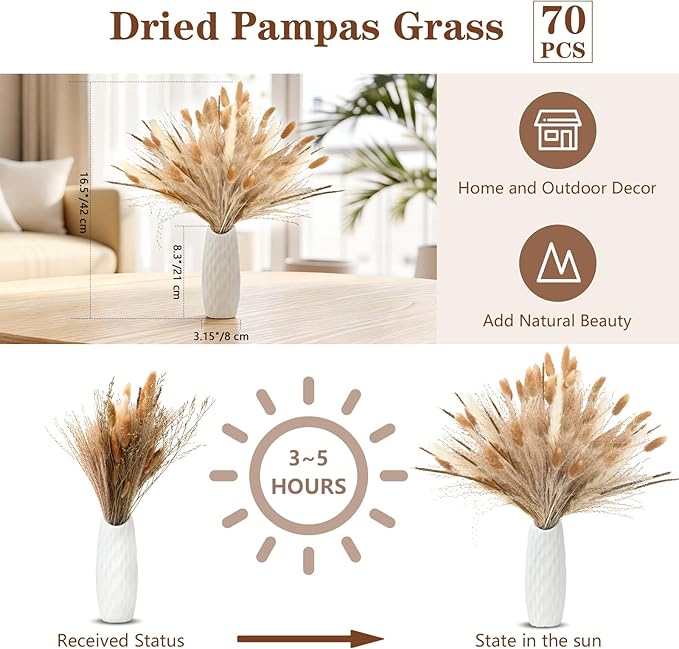 Table Centerpiece Set with Beige Cheesecloth Table Runner, 1 Round Wooden Candle Plate, 70 PCS Dried Pampas Grass Decor with White Vase, 6 Linen Napkins and Wooden Napkin Rings for Wedding Home Decor