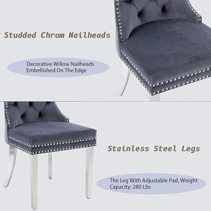 KCC Velvet Dining Chairs Set of 4, Upholstered High-end Tufted Dining Room Chair with Nailhead Back Ring Pull Trim Stainless Steel Legs, Contemporary Nikki Collection Modern Style for Kitchen, Gray
