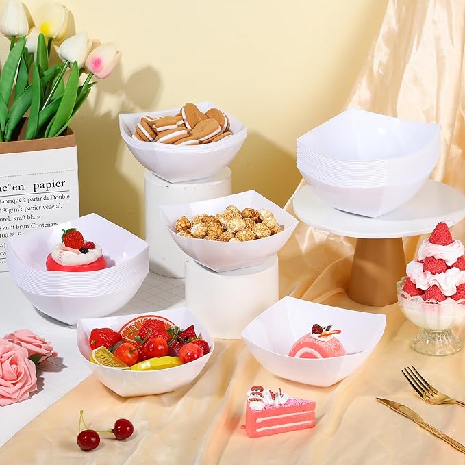 Sliner 100 Pcs Square Plastic Bowls Plastic Serving Bowls Disposable Chip Containers for Parties Snack Fruit Candy Containers for Candy Buffet Salad Bar Buffet Party Supplies (White,16 oz)