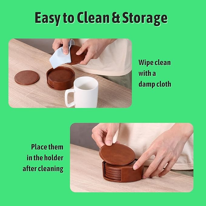 Drink Coasters with Holder, 4" Leather Coasters for Drinks Set of 6 for Tabletop Protection, Elegant Home Decor & Handmade Housewarming Gift - Brown