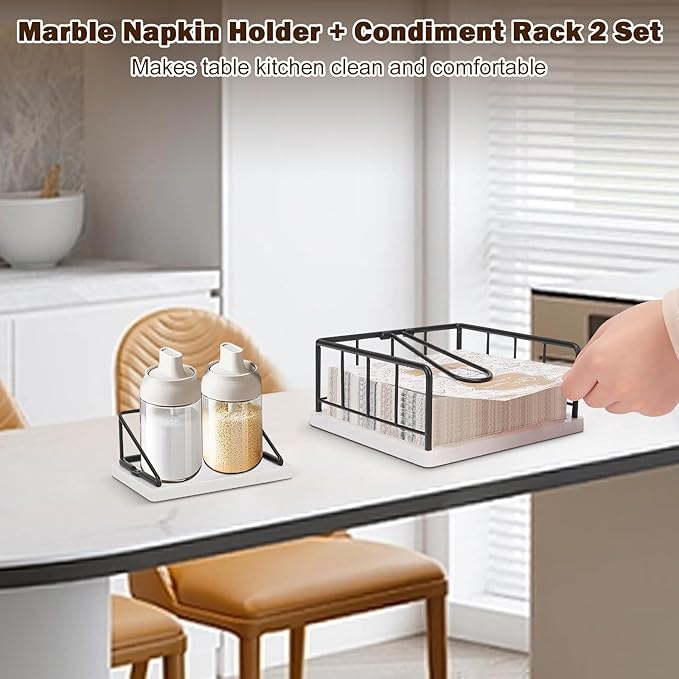 Livabber Flat Napkin Holder, Metal Kitchen Napkin Storage with Weighted Tension Arm Rustic Tissue Paper Dispenser for Countertop, Table Kitchen, Dining Room (with Marble Base, Black Napkin Holder Set)