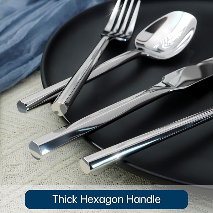 Silverware Set 60-Piece Hand Forged Stainless Steel Cutlery, Mirror Silver Thick Hexagon Handle Flatware Sets, Service for 12