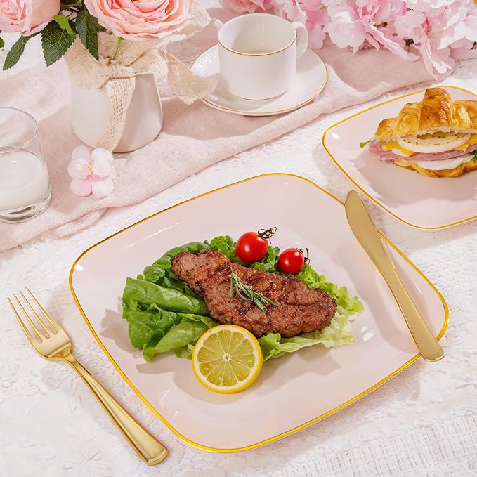 bUCLA 50PCS Pink and Gold Plastic Plates - Heavy Duty Square Pink Disposable - Include 25 Dinner & 25 Dessert Plates for Party & Valentines Day