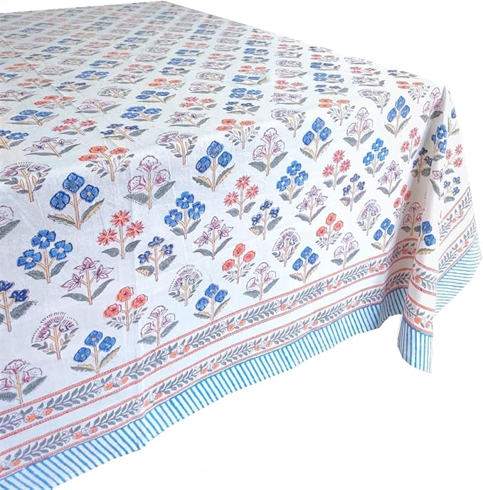 ATOSII Flora Bloom 100% Cotton Rectangle Summer Tablecloth, Block Print Floral Table Cloth for Dining Parties Wedding Outdoors I Grand Millennial Home Decor 60 X 90 Inches I 6 Seater I Memorial Day