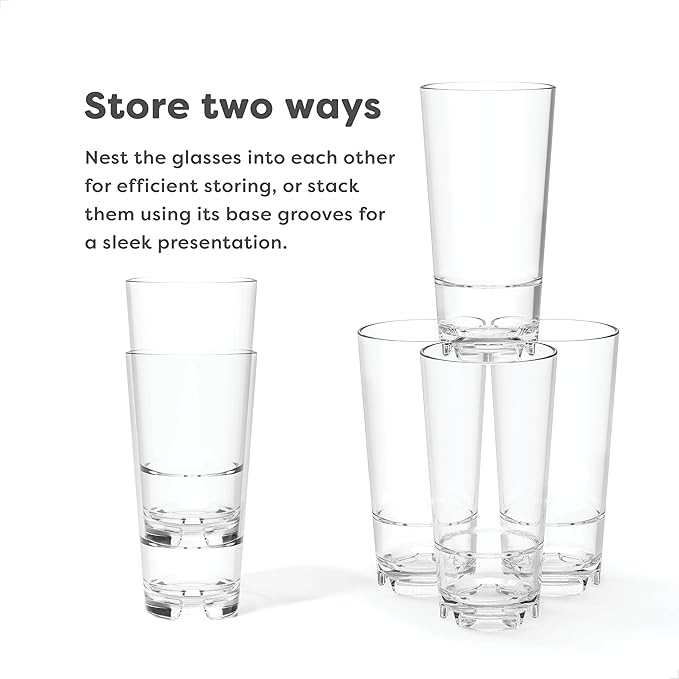 TOSSWARE RESERVE 20oz Stacking Cooler, SET OF 4, Premium Quality, Dishwasher Safe & Heat Resistant Unbreakable Plastic Beer Glasses, Clear
