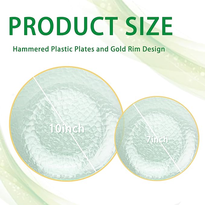 DaYammi 60PCS Green Gold Plastic Plates - 10 inch Green Plastic Dinner Plates - Hammer Pattern Design - Fancy Disposable Plates Ideal for Wedding & Party