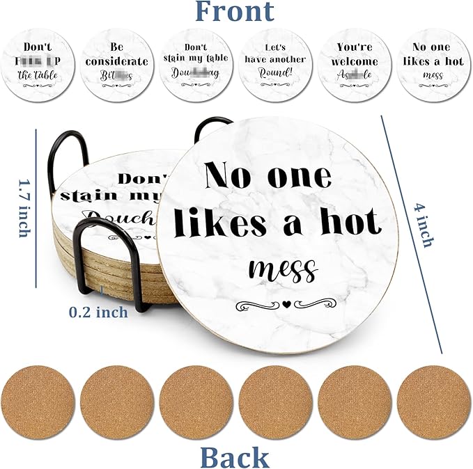 Funny Cork Drink Coasters Absorbent with Holder 6 Pcs Absorbing Stone Funny Drink Coaster Gift Set Housewarming New Home Apartment Kitchen House Decor Gift for Women Men
