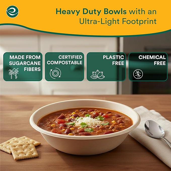 ECO SOUL 100% Compostable 32 Oz Soup Bowls [100-Pack] Disposable Sturdy Bowls I Heavy Duty Paper Bowl I Eco-Friendly Salad Bowl I Biodegradable Large
