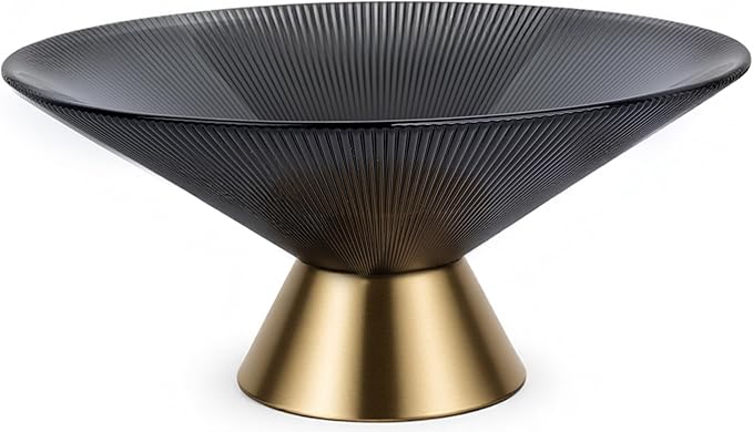 Tapered Glass Decorative Bowl (Gray), 9.8 Inches Handblown Striped Design Fruit Bowl with Rust-Resistant Metal Base for Home Decor, Table Centerpiece, Kitchen Island and Dining Decor