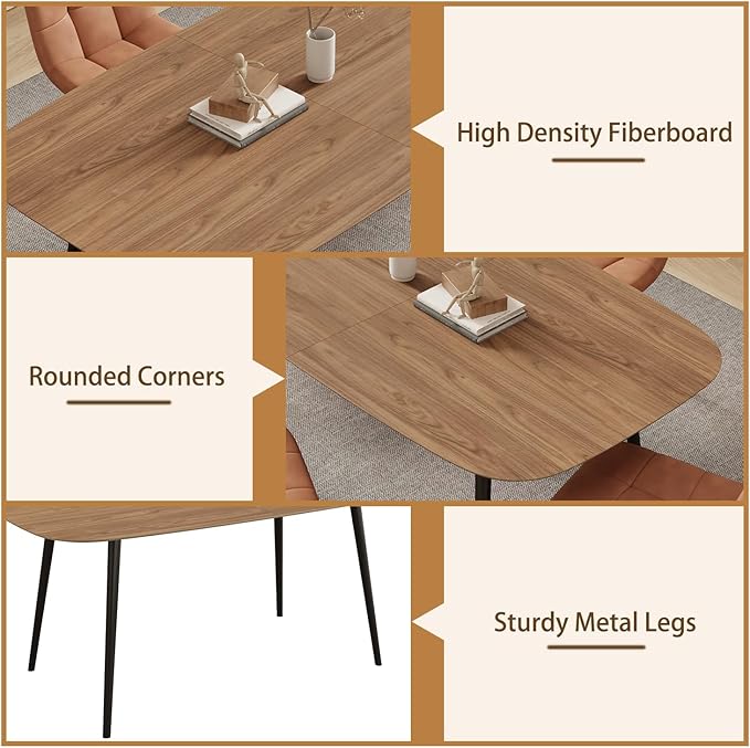 55.1'' Dining Table Set for 4,Modern Wood Dining Table,Leather Dining Chairs 4,Table and Chairs Set of 4,Ideal for Kitchen Dining Room (Walnut Color Table + 4 U-Shaped Gray Chairs, 55.1")
