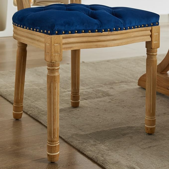 Ball & Cast French Vintage Upholstered Dining Chairs Set of 2, Button Tufted Kitchen Side-Chairs with Carved Antique Wood Frame & Nailhead Trims, 2-Piece Curved Backrest Louis Chair, Velvet Blue