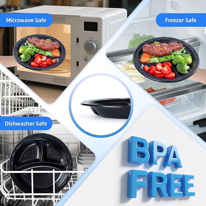 YANGRUI Disposable Plates BPA Free 9 Inch 150 Pack - Shrink Wrap Food Grade Mineral Filled PP | Reusable Microwave Safe Heat-Retention Design | Commercial Restaurant Black 3 Compartment Plastic Plate