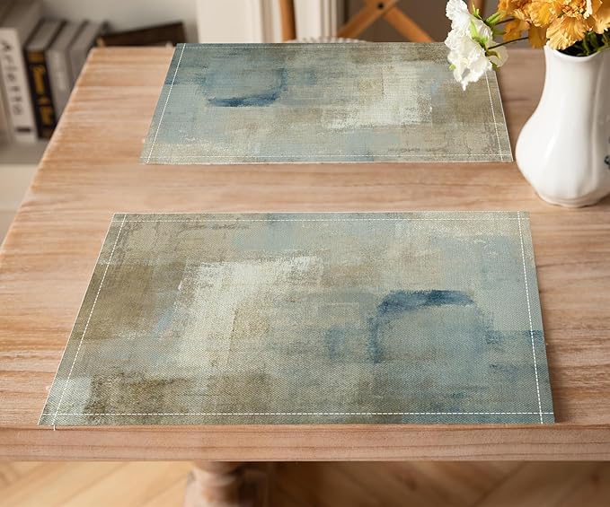 Gradient Placemat Set, Modern Minimal Fashion Abstract Beige Brown Blue Art Oil Painting Brush Strokes Patchwork Pattern Home Decor Linen Table Mats for Dining Room Kitchen Party (17x12in) x2P