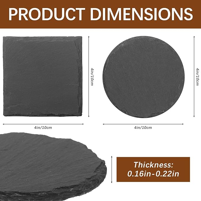 72pcs Slate Coasters Black 4 Inch Bulk Blank Rock Coasters Blank Laser Engraving, Hand Painted DIY, Scratch Resistant Bottom (36*Square+36*Round)