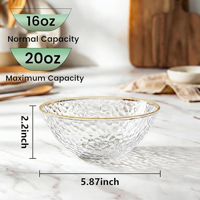Tinybee 50 Pack Clear Plastic Bowls - Clear Disposable Bowls for Party with Gold Rim, 16-20oz Premium Hammered Bowls Disposable Heavy Duty, Plastic Salad Bowls for Milk Cereals, Snacks, Salads