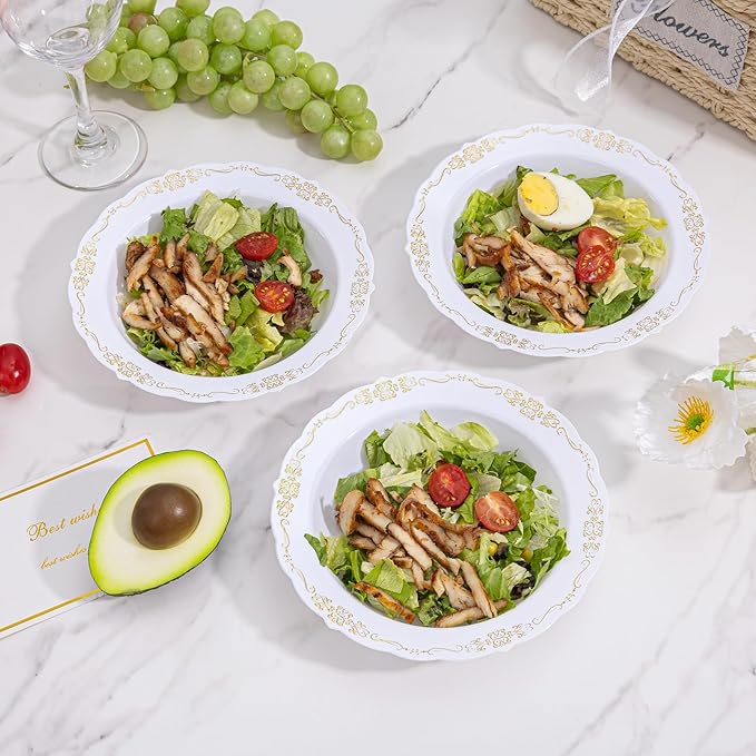 DaYammi 50 Pack Plastic Bowls with Gold Rim, 12oz Disposable Soup Bowls, Heavy Duty Dinner Bowls for Weddings,Gold Disposable bowl for Parties, Dinners, Catering and Everyday Use