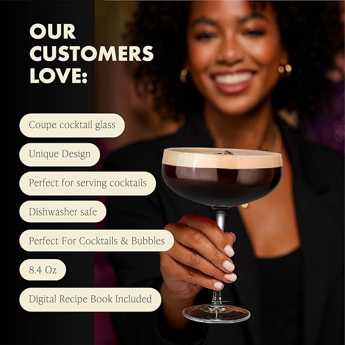 VEMACITY - Elegant Espresso Martini Glasses Set of 4 (10oz) - Classic Coupe Glasses for Martinis, Champagne, Margaritas | Handblown Crystal Cocktail Glassware | Ideal for Martinis and Cocktails