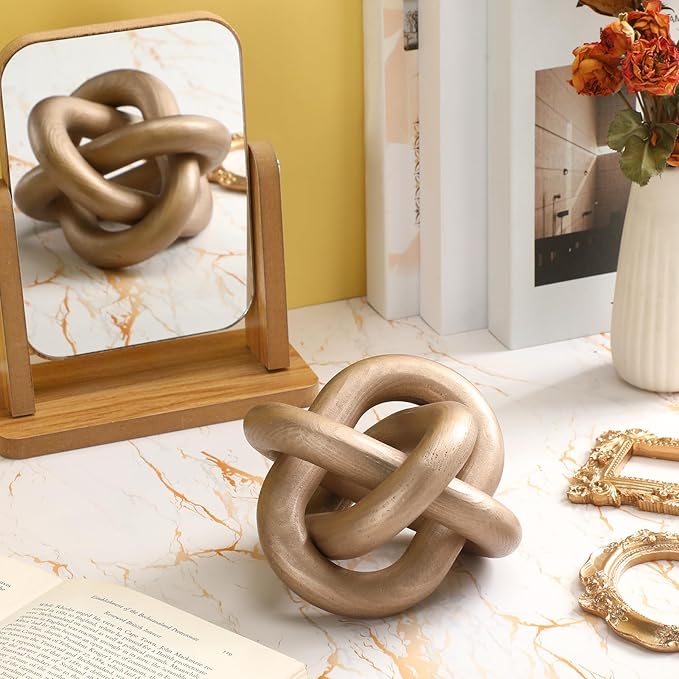 3 Link Wood Knot Decor Rustic Home Décor Accents Hand Carved Coffee Table Decoration, Boho Chain Link Decoration, Modern Shelf, Rustic Objects for Home Living Room Bedroom(Champagne)