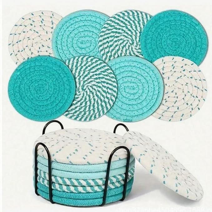 8 Pcs Drink Coasters with Holder, Handwoven Cotton Coasters Set Stackable Absorbent Minimalist Home Decor for Table, Cup, Mug (Green)