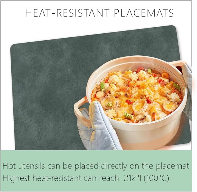 Faux Leather Placemats with Rounded Corners Set of 6,Waterproof&Wipeable Table Mats,Heat-Resistant Reusable for Kitchen Table Decor (Grey)